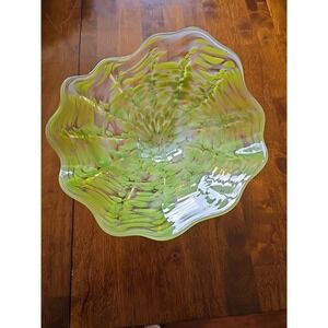 Stunning Blown Glass Bowl Ofd Shaped Green , White, And Clear Colors